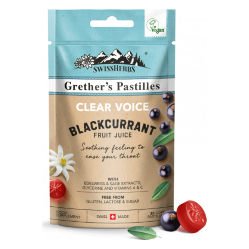 Verpackung von Grether's Pastillen in Geschmacksrichtung schwarzer Johannisbeere, mit Informationen zu Inhaltsstoffen und veganer Kennzeichnung.