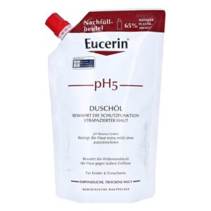 Nachfüllbeutel mit Eucerin pH5 Duschöl für empfindliche und trockene Haut, mit wichtigen Pflegehinweisen.