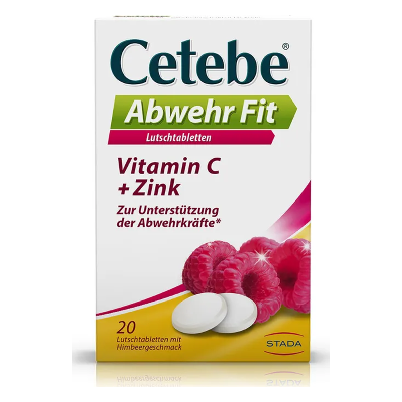 Verpackung von Cetebe Abwehr Fit Lutschtabletten mit Himbeergeschmack, enthält Vitamin C und Zink zur Unterstützung der Abwehrkräfte.