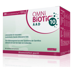 Verpackung von OMNi BiOTiC AAD, einem Lebensmittel zur Unterstützung der Darmflora mit 20 Portionsbeuteln.