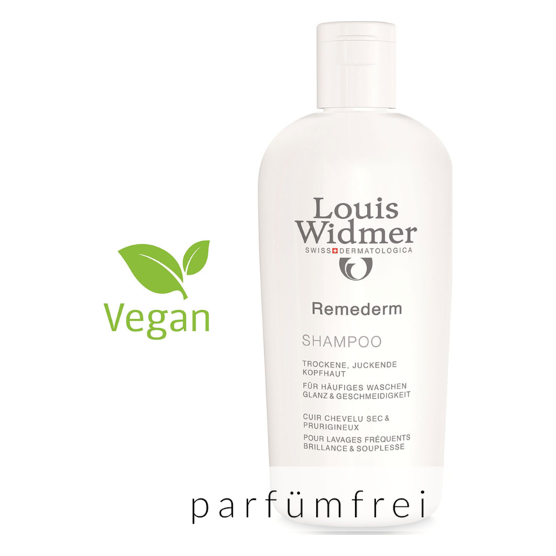 Flasche mit Remederm Shampoo von Louis Widmer, vegan und parfümfrei, für trockene, juckende Kopfhaut.