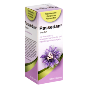 Verpackung von Passedan Tropfen, einem pflanzlichen Arzneimittel gegen Unruhe und Einschlafstörungen.
