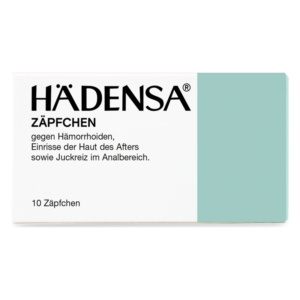 Verpackung von HäDensa Zäpfchen gegen Hämorrhoiden, Juckreiz und Hautrisse im Analbereich.