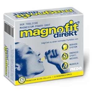 Packung mit Magnesium-Mikropellets in Zitronengeschmack, mit Informationen zu Nerven-, Energie- und Muskel-Funktionen.