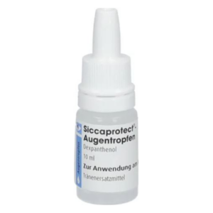 Kleine Flasche mit Augentropfen, weißer Kappe, 10 ml, für trockene Augen, Dexpanthenol, Anwendungshinweis.