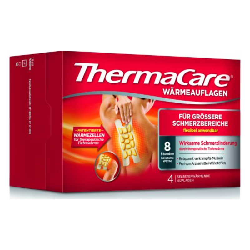 Verpackung von ThermaCare Wärmeauflagen zur Schmerzlinderung, zeigt Anwendung auf Rücken mit Wärmezellen.