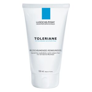 Tubenverpackung eines milden Reinigungsgels mit blauem Etikett für empfindliche Haut.