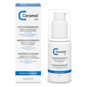 Flasche mit Ceramol 311 Hyperdeodorant, unterstützt natürliche Transpiration ohne Alkohol, verpackt in einer blauen und weißen Box.