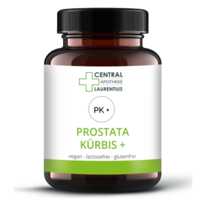 Braune Glasflasche mit schwarzem Deckel, beschriftet mit "Prostata Kürbis +" und Hinweisen zu vegan, laktosefrei und glutenfrei.