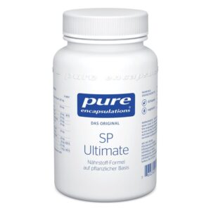 Weißer Kunststoffbehälter mit Schraubdeckel, sorgt für Nahrungsergänzungsmittel mit der Aufschrift 'SP Ultimate'.