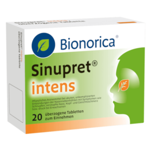 Packung mit Sinupret intens, pflanzliches Arzneimittel zur Behandlung von Nasennebenhöhlenentzündungen.