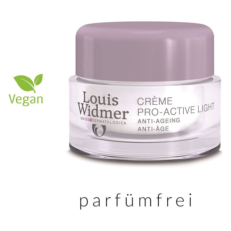 Gesichtcreme in durchsichtiger Dose mit lila Deckel, vegan und parfumfrei, von Louis Widmer, für Anti-Aging.