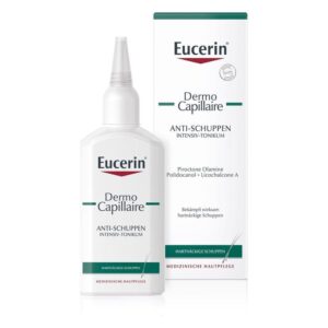 Eucerin Dermo Capillaire Anti-Schuppen Intensiv-Tonikum in einer weißen Flasche, verpackt in einer bedruckten Schachtel.