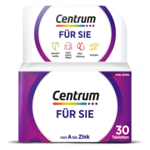 Packung mit Centrum für Sie, enthält 30 Tabletten, betont Abwehrkräfte, Haut, Haare, Nägel und Energie.