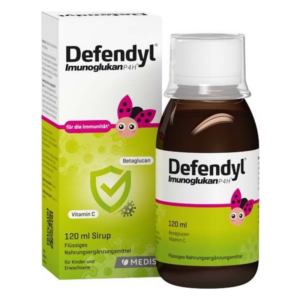 Flasche mit Defendyl Immunoglukansirup, 120 ml, umgeben von einer bunten Verpackung für Kinder und Erwachsene.