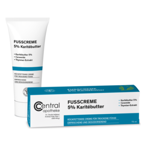 Fusscreme in einer weißen Tube mit 5% Karitébutter und einer blauen Verpackung, die feuchtigkeitsspendende Eigenschaften hervorhebt.