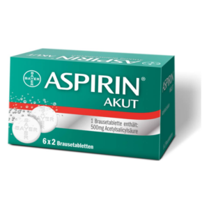 Verpackung von Aspirin Akut mit 6 Brausetabletten, enthält 500mg Acetylsalicylsäure pro Tablette.