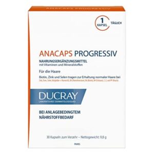 Verpackung von Anacaps Progressiv, Nahrungsergänzungsmittel zur Unterstützung der Haargesundheit, mit Vitaminen und Mineralstoffen.