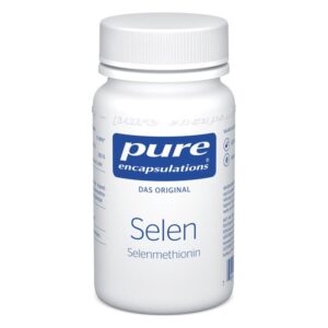 Weißes Fläschchen mit Schraubverschluss, beschriftet mit 'Selen Selenmethionin' von Pure Encapsulations.