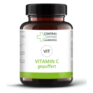 Braune Glasflasche mit weißem Etikett, beschriftet mit 'Vitamin C gepuffert' und apothekerlichem Logo.