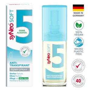 Verpackung eines Anti-Transpirants mit Pumpspray, alkoholfrei, mit Aloe Vera, dermatologisch getestet und vegan.