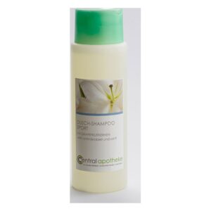 Flasche Dusch-Shampoo Sport mit grünem Deckel, Inhaltsstoffe enthalten Grapefruitkerne, antibakteriell und sanft.