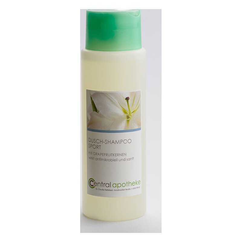 Flasche Dusch-Shampoo Sport mit grünem Deckel, Inhaltsstoffe enthalten Grapefruitkerne, antibakteriell und sanft.