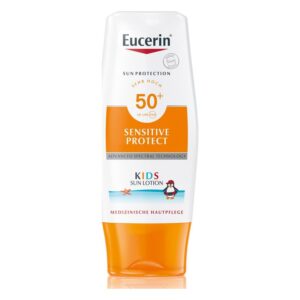 Sonnenschutzlotion für Kinder mit Lichtschutzfaktor 50+, in einer weißen und orangefarbenen Flasche.