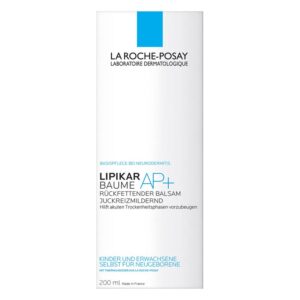 Verpackung eines rückfettenden Balsams gegen Juckreiz von La Roche-Posay, für Neurodermitis geeignet, 200 ml.