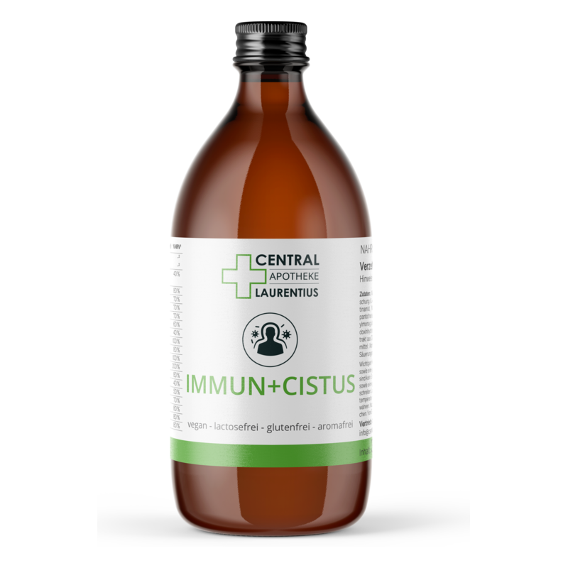 Braune Glasflasche mit Schraubverschluss, etikettiert mit "IMMUN+CISTUS" von der Central Apotheke Laurentius, sichtbar vegane Inhaltsstoffe.