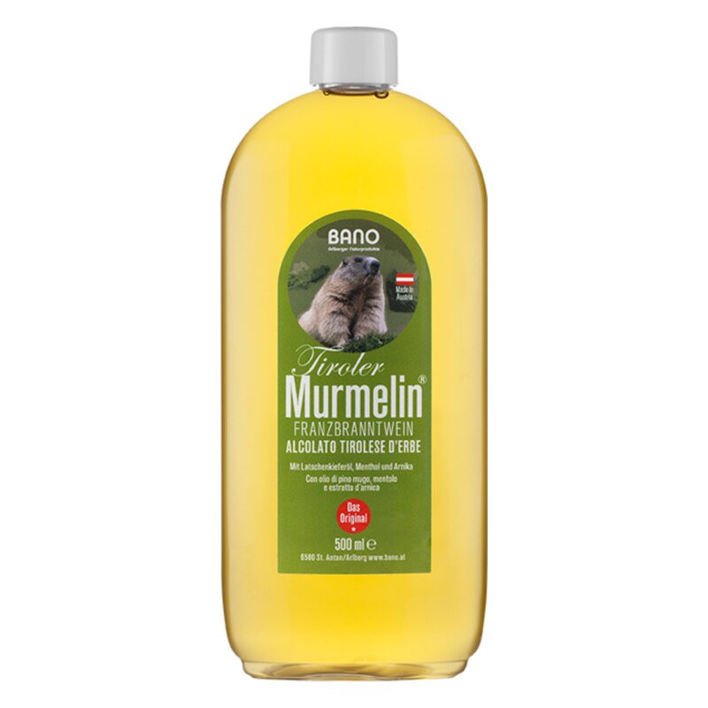 Flasche mit gelbem Tiroler Murmelin, einer Kräuterbranntwein, mit einem Bild eines Murmeltiers auf dem Etikett.