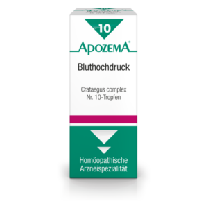 Verpackung für homöopathische Tropfen zur Behandlung von Bluthochdruck, grün und weiß mit Markennamen und Inhaltsangabe.