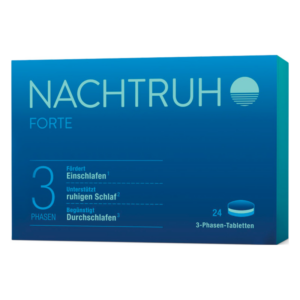 Paket mit Nachtruhe Forte 3-Phasen-Tabletten zur Unterstützung des Schlafs in blauer Box.