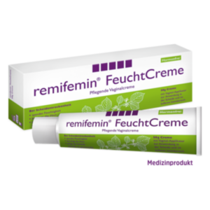 remifemin FeuchtCreme in einer Tube mit einem weißen Karton, beschreibt eine pflegende Vaginalcreme gegen Scheidentrockness.