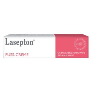 Verpackung von Lasepton Fuß-Creme für trockene, verhornte und raue Haut, mit dermatologischem Testermittlungssiegel.