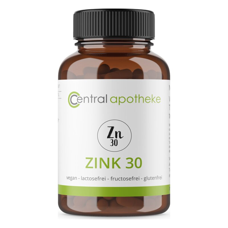 Braun-gläserne Flasche mit Zink-Kapseln, beschriftet mit "ZINK 30" und Hinweisen zu veganen Inhaltsstoffen.
