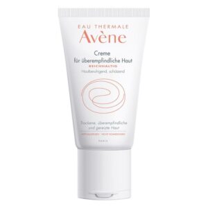 Tube mit Avène Creme für überempfindliche Haut, schützend und beruhigend, in einem weißen Design mit orangefarbenen Akzenten.