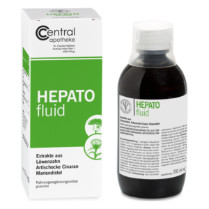 Flasche mit HEPATO fluid und Verpackung, enthält Extrakte aus Löwenzahn, Artischocke und Mariendistel, glutenfrei.