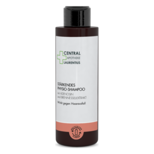 Braune Flasche mit stärkendem Physio-Shampoo, enthält Adenosin und Brennnessel-Extrakt, wirkt gegen Haarausfall.