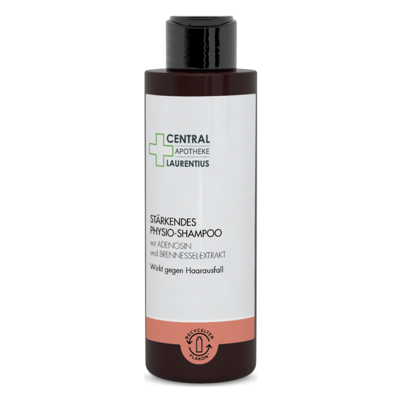 Braune Flasche mit stärkendem Physio-Shampoo, enthält Adenosin und Brennnessel-Extrakt, wirkt gegen Haarausfall.