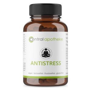Braune Flasche mit schwarzem Verschluss, beschriftet mit "ANTISTRESS" und Symbol einer sitzenden Person, vegan und glutenfrei.