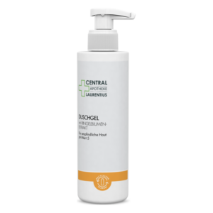 Weißer Pumpflakon mit Duschgel, mit Ringelblumen-Extrakt, für empfindliche Haut, pH-Wert 5.