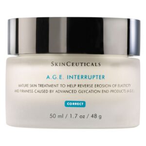 Gläserner Tiegel mit silbernem Deckel von SkinCeuticals, Inhalt behandelt reife Haut zur Verbesserung der Elastizität.