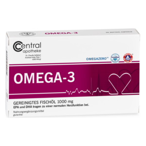 Packung mit Omega-3 Fischölkapseln, 1000 mg, für die Unterstützung der Herzfunktion, glutenfrei.