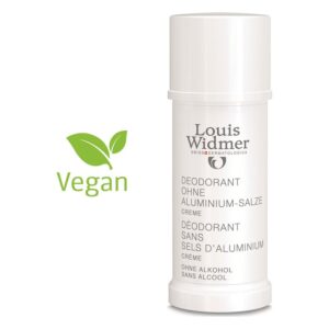 Deodorant in weißer Verpackung, cremige Textur, ohne Aluminium-Salze, vegan, mit Pflanzenblatt-Icon.