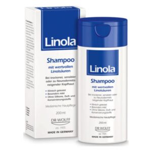Linola Shampoo in einem blauen und weißen Flakon, verpackt in einer passenden Schachtel, 200 ml, für sensible Kopfhaut.