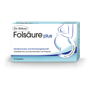Verpackung von Dr. Böhm Folsäure plus für Kinderwunsch und Schwangerschaft mit Illustrationen einer schwangeren Frau.