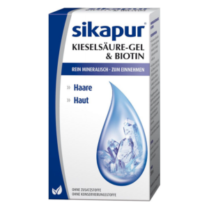 Verpackung von Sikapur Kieselsäure-Gel und Biotin, fördert Haare und Haut, mit kristallähnlichen Illustrationen.
