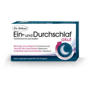 Verpackung von Dr. Böhm's Ein- und Durchschlaf akut, ein Nahrungsergänzungsmittel in Drajees zur Förderung des Schlafs.