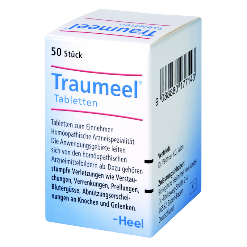 Packung mit Traumeel-Tabletten für die homöopathische Behandlung von Verletzungen und Verstürzen